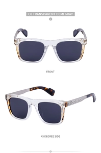 Square fashion sunglasses with transparent gray frame and metallic floral engraved temples