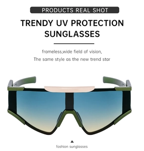 Détail de lunettes de cyclisme oversize avec protection UV et verres dégradés bleus-jaunes