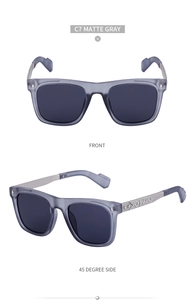 Detail of matte gray square sunglasses with decorative geometric metal temples and dark lenses