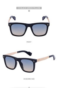 Front and side view of square sunglasses with black frames and star pattern metal temples