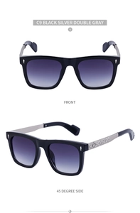 Front and side view of square sunglasses with silver metal temples and cross engraving