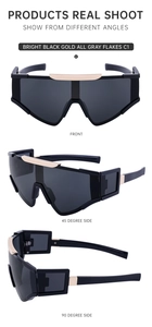 Vues multiples de lunettes de soleil sportives à monture noire et détails dorés