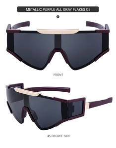 Détails de lunettes de soleil de cyclisme violette métallique avec verres gris et accents dorés