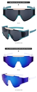 Détails de lunettes de cyclisme bleu métallisé et blanc avec verres teintés