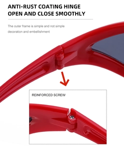 Detail of red sports sunglasses showing the anti-rust hinge and reinforced screw structure