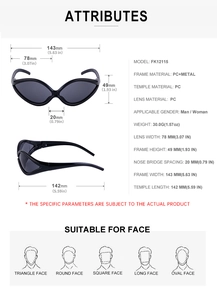 Detailed size specifications and dimensions for Y2K sporty cat-eye cycling sunglasses