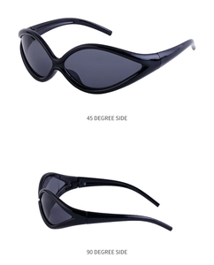 Dual view of black Y2K cycling sunglasses showing 45 and 90 degree side angles