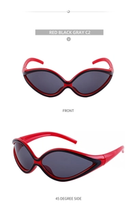 Front and 45-degree side views of sporty Y2K sunglasses in red and black C2 frame