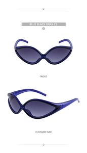 Close-up of Y2K style blue and black cycling sunglasses with grey gradient lenses