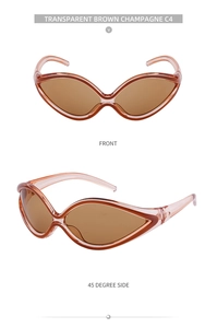 Front and 45-degree side view of Y2K cat-eye sunglasses in transparent champagne brown