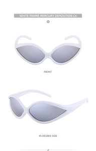Detailed front and side views of white cycling sunglasses with silver mercury lenses