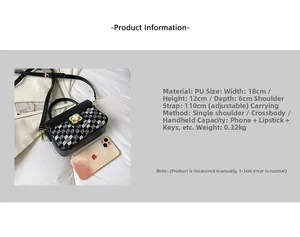 Detail view of small black and white plaid crossbody bag with gold floral clasp and strap