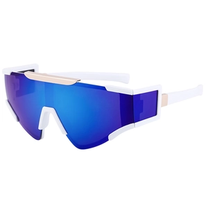 Lunettes de soleil cyclisme blanches à monture large avec verres miroirs bleus