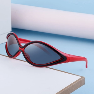 Futuristic red and black Y2K sports sunglasses with aerodynamic cat-eye frames and dark lenses