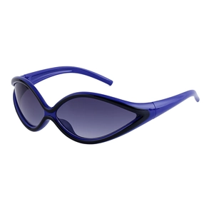 Futuristic Y2K cycling sunglasses in electric blue with streamlined grey lenses