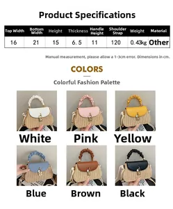 Detailed size specifications for a woven crossbody bag available in six vibrant colors