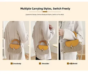 Straw patchwork crossbody bag showing crossbody, shoulder, and handheld wearing styles