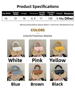 Detailed size chart and dimensions for woven crossbody bag with colorful flap options