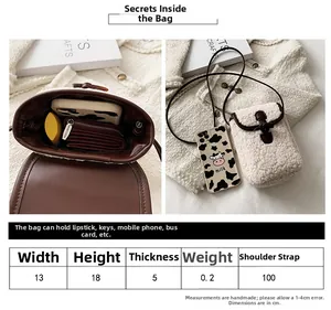 Size chart and detail of a faux shearling crossbody bag with leather trim and horn buckle