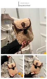 Detail of khaki plush mini crossbody bag featuring a vintage toggle closure and leather piping