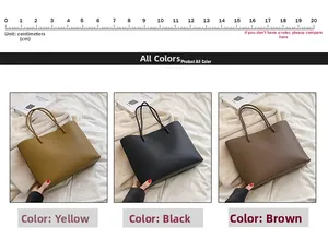 Three minimalist tote bags in yellow black and brown shown with a 20cm scale ruler
