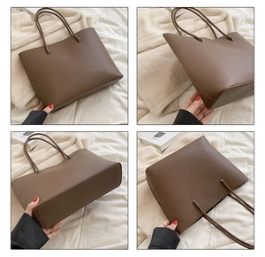 Detailed views of a brown pebbled leather tote bag from four different angles