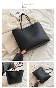 Detailed views of a black textured leather tote bag with slim straps and large capacity
