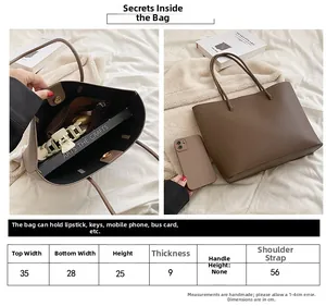 Detailed size chart and internal capacity layout for the brown textured tote bag