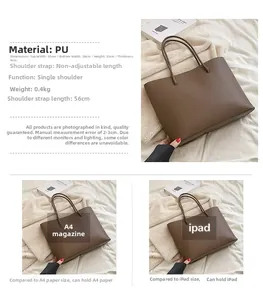 Brown faux leather tote bag dimensions and size comparison with A4 paper and iPad