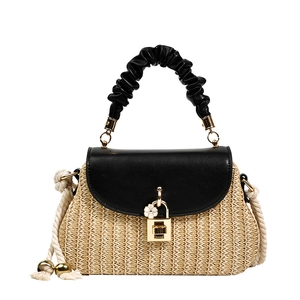 Straw hand-woven crossbody bag with black leather flap and stylish cloud-shaped handle