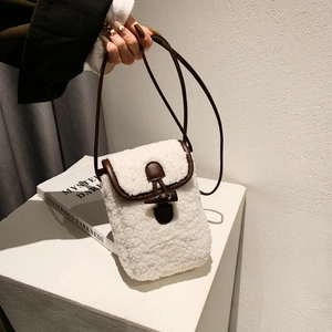 Women Plush Crossbody Mini Phone Bag Faux Lamb Wool Shoulder Purse Retro Toggle Closure Winter Soft Contrast Color