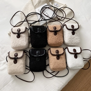 Chic fuzzy lamb wool mini crossbody phone bag with leather trim and horn button closure