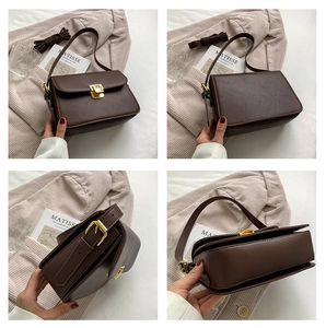 Detailed close-up of dark brown leather crossbody bag with golden square buckle and fine stitching
