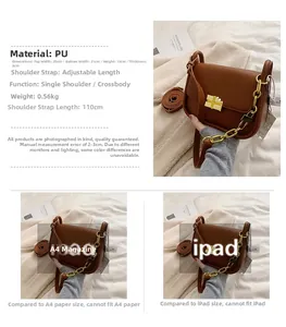 Detailed size guide for brown PU leather mini square bag with metal chain strap