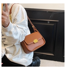 Close-up of brown leather square bag with gold metal clasp on a model shoulder