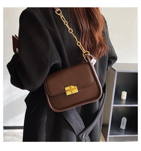 Brown rectangular crossbody bag with gold star-shaped lock shown on a model's shoulder