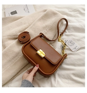 Close-up of brown retro square bag with golden rotating clasp and metal chain detail