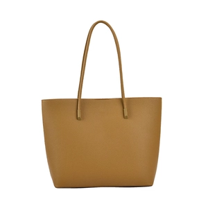 Minimalist caramel brown leather tote bag with lychee texture and large capacity