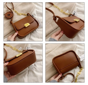 Detailed views of a brown vintage mini square bag with golden chain strap and magnetic snap