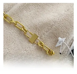 Close-up of premium golden hardware and thick metal chain on a brown leather bag