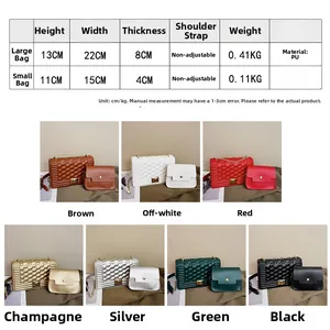 Tableau des tailles pour sac bandoulière matelassé avec dimensions et détails du PU