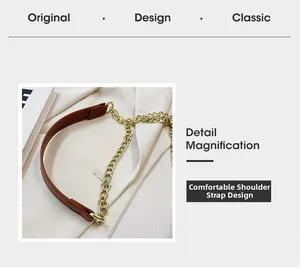 Gros plan sur la bandoulière confortable avec chaîne dorée et texture en cuir marron