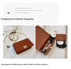Sac bandoulière marron comparaison de taille avec téléphone et vue de la capacité