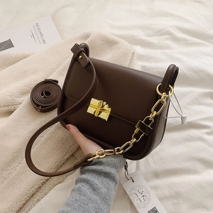 Women Shoulder Bag PU Leather Small Square Crossbody Handbag With Metal Chain And Square Lock Simple Fashion Textured