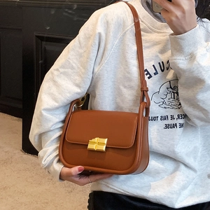 Minimalist brown crossbody bag with gold chocolate block buckle on fashion model