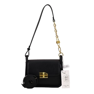 Minimalist black leather square handbag with golden chocolate lock and chain strap
