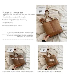 Infographic showing dimensions and iPad capacity for the vintage brown bucket shoulder bag