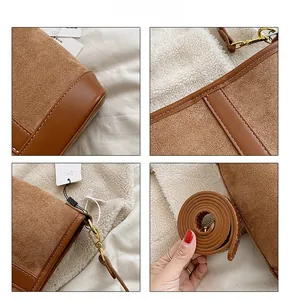 Detailed views of brown stitching, golden hardware, and leather texture on a bucket bag