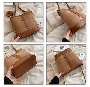 Brown bucket bag detail showing suede-leather patchwork and gold-tone hardware