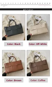 Detail of woven tote bags showing large Intrecciato weave in black, beige and brown
